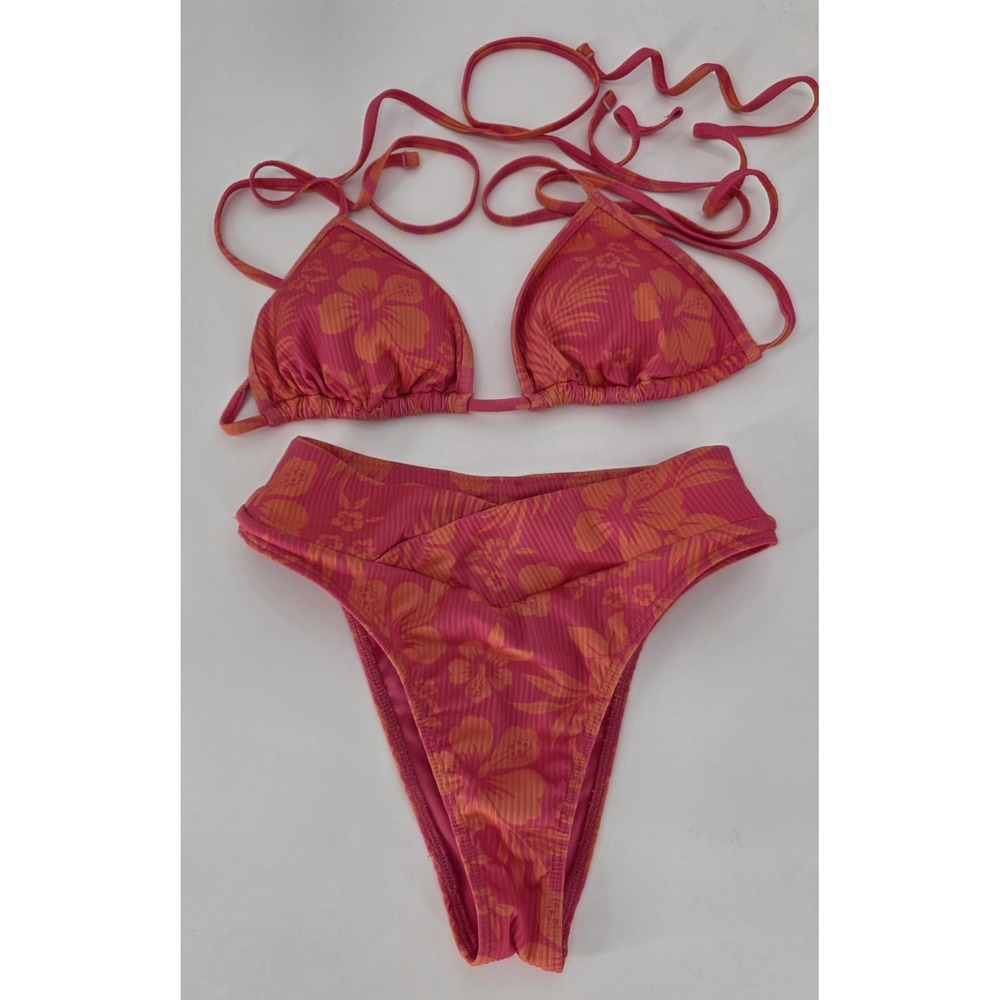 Hollister 2pc Bikini Orange Pink Floral Triangle Top Size M Bottom Size XS